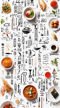 Naklejki Various Foods Around Hieroglyphics Arranged Creatively On White