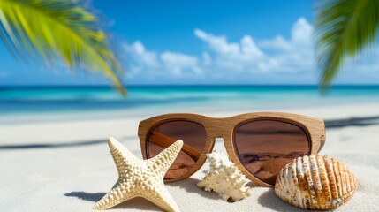 Summer Beach Vacation: Wooden Sunglasses, Starfish, and Shells on Tropical Beach