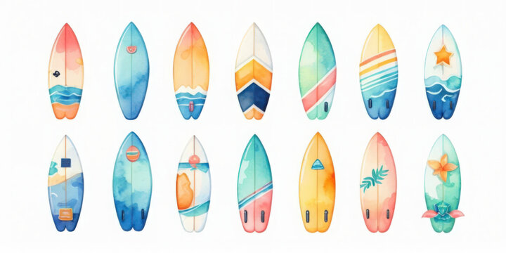 Summer surfboards icon watercolor collection coastal vibes art print vibrant beach environment