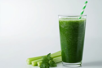 Refreshing Green Celery Juice with Straw in Glass on White Background