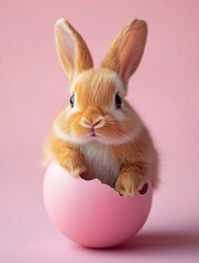 Obraz premium Adorable bunny peeking out of a pink easter egg on a soft pink background for easter celebration cute animal photography easter concept