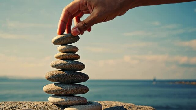 A close-up of a hand carefully balancing stones on the shore, symbolizing harmony, patience, and mindfulness. Ideal for wellness, stress relief, self-awareness, and finding inner peace.