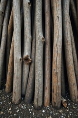 A dense collection of weathered grey and brown wooden poles, vertically aligned, rests on a bed of small stones