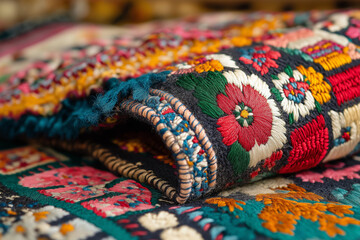 Fototapeta premium Close-Up of Colorful Embroidered Floral Fabric With Intricate Details