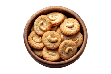 Cashew Cookies in wood bowl Isolated on White and Transparent Background PNG Image.