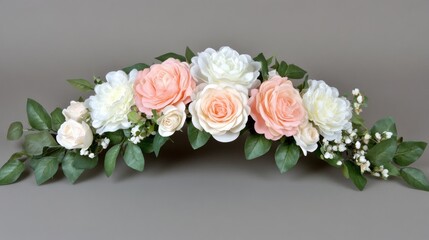 A dreamy wedding flower composition featuring pastel pink, white, and peach roses, softly arranged on a neutral gray background.