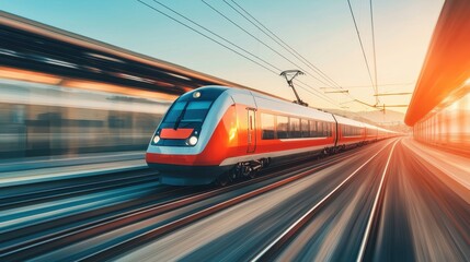 A high-speed train races along the tracks, showcasing modern transport against a vibrant sunset backdrop.