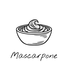 Hand-drawn black and white vector illustration of mascarpone cheese in a bowl. Vintage engraving-style, perfect for food packaging, restaurant menus, and dairy product branding.