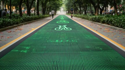A vibrant green bike lane illuminated with digital patterns, surrounded by trees and pedestrians, promoting eco-friendly transportation.
