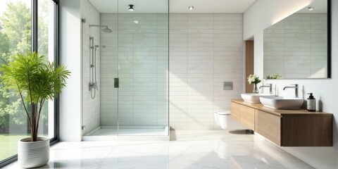 Modern minimalist bathroom design with glass shower enclosure, floating vanity, and natural light streaming through a large window