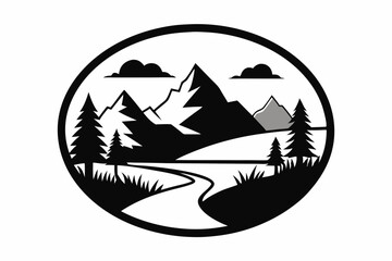 landscape silhouette circle icon line art silhouette vector illustration