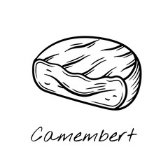 Hand-drawn black and white vector illustration of a camembert cheese, half cut. Vintage engraving-style, perfect for food packaging, restaurant menus, and dairy product branding.