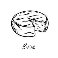 Hand-drawn black and white vector illustration of a Brie cheese wheel with a cut wedge. Vintage engraving-style, perfect for food packaging, restaurant menus, and dairy product branding.