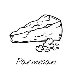 Hand-drawn black and white vector illustration of a wedge of Parmesan cheese with crumbles. Vintage engraving-style, perfect for food packaging, restaurant menus, and culinary branding.