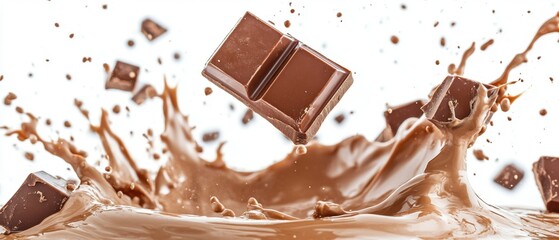 Fototapeta premium Decadent chocolate bar falling into rich creamy chocolate splash creating a delicious and dynamic food photography scene with a clean white background