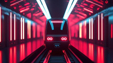 A futuristic subway train illuminated by vibrant neon lights in a dark tunnel, creating a striking visual contrast.