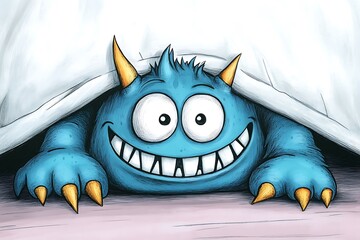 Fototapeta premium Playful monster under blanket, bedroom, peeking, illustration, children's book