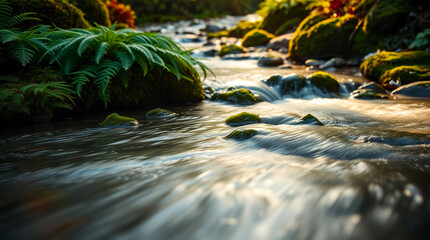 Obraz premium Gentle Stream in Forest, Flowing Stream Among Green Ferns, Tranquil Forest Stream, Sunlit Stream in Lush Forest, Serene Stream Through Moss, Soft Sunlight and Flowing Stream, 