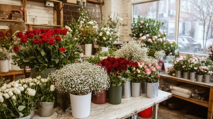 A florist's workspace with fresh flower arrangements in progress, featuring roses, daisies, and baby's breath in charming gift wraps.