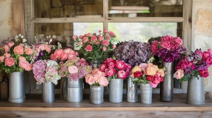 Fototapeta premium A florist shop counter adorned with seasonal flower arrangements in rustic metal and glass containers.
