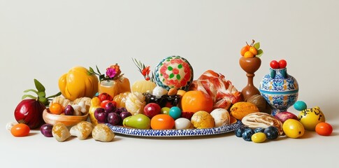 Colorful arrangement of assorted fruits and decorative objects are visible