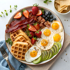 fried eggs with bacon and vegetables