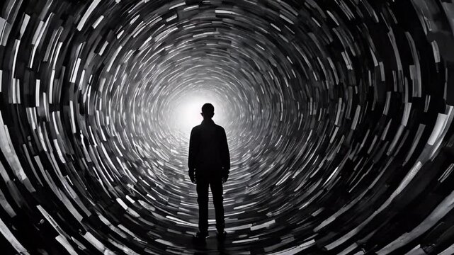 Silhouette of a man in a tunnel, black and white round abstract maze and a male shadow, boy standing in front of an endless tunnel with light at the end, circular maze made with abstract patterns