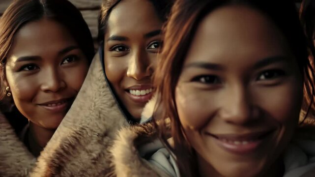 group of beautiful attractive Inuit young women looking at the camera