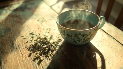 Steaming Cup of Herbal Tea on Rustic Wooden Table with Dried Herbs