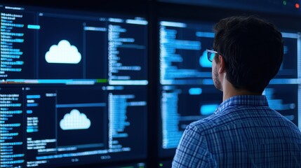 A person observes multiple screens displaying code and cloud icons, immersed in a tech environment focused on data and programming.