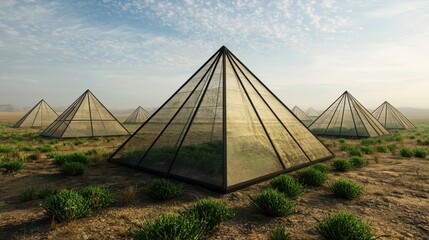 The image features pyramid-shaped structures in a grassy terrain, set against a vast landscape under a blue sky with scattered clouds.