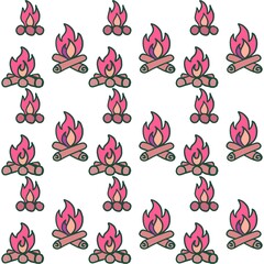 Pink red Minimalistic Isolated Seamless icon vector style pattern set and pack of bonfire adventure trip on white background colourful wallpaper paper wrap with journey items bags bag, map and planes
