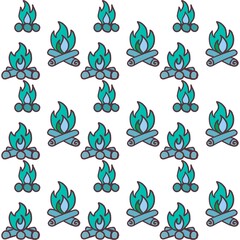Cyan Minimalistic Isolated Seamless icon vector style pattern set and pack of bonfire adventure trip on white background colourful wallpaper paper wrap with journey items bags bag, map and planes