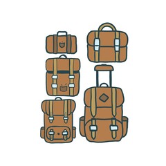 Brown leather Minimalistic Isolated Seamless icon vector style pattern set and pack of bags baggage luggage adventure trip on white background colourful wallpaper paper wrap with journey items bag