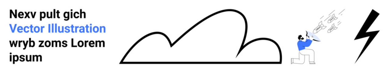 Large cloud, person manipulating electrical energy with tools, and lightning bolt. Ideal for energy, technology, innovation, safety, engineering, environment simple landing page