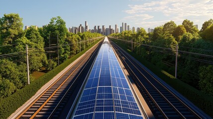 Naklejka premium A modern landscape featuring solar panels along a railway with a city skyline in the background, surrounded by lush greenery and blue skies.