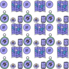 Purple Minimalistic Isolated Seamless icon vector style pattern set and pack of adventure gear trip on white background colourful wallpaper paper wrap with journey items bags bag, map and planes