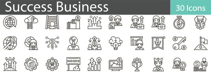 Success in Business Line Icons Set. Collection of 30 outline icons representing key elements of business success, growth, and achievement. Editable stroke vector illustration.