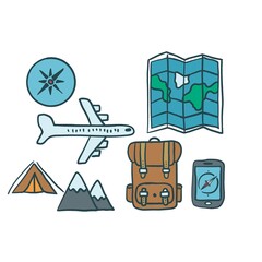 Minimalistic Isolated Seamless icon vector style pattern set and pack of adventure gear transport trip on white background colourful wallpaper paper wrap with journey items bags bag, map and planes