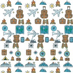 Minimalistic Isolated Seamless icon vector style pattern set and pack of adventure trip on white background colourful wallpaper paper wrap with journey items bags bag, map and planes