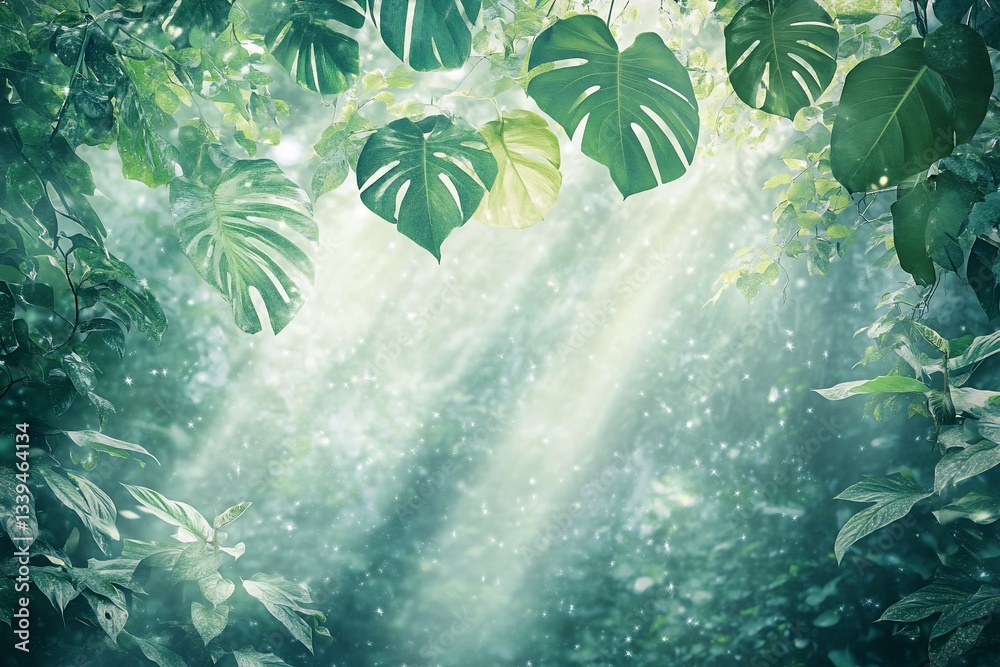 Aufkleber sunbeams filtering through lush green tropical foliage, creating a magical, ethereal atmosphere.