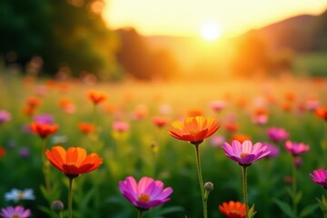 Soft focus sunset over vibrant wildflowers, sweet meadow , background, vibrant, dusk