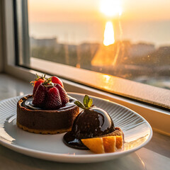 chocolate cake with strawberries and cream