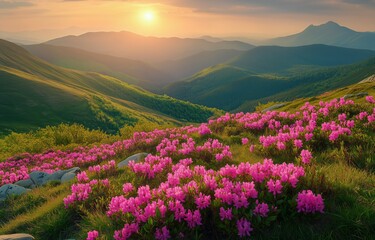 Fototapeta premium Blooming Rhododendrons on Mountain Meadow at Sunset in Carpathians
