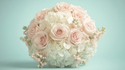A gorgeous wedding bouquet featuring blush pink roses and hydrangeas, delicately placed against a soft teal background.
