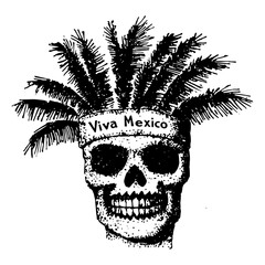 black and white vector of skull with feathered headdress and 