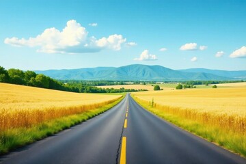 Fototapeta premium Asphalt Road Through Golden Fields Under a Summer Sky, Leading to Distant Mountains