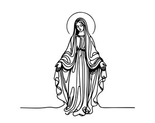 continuous line vector of virgin mary with halo and open hands, religious black and white sketch