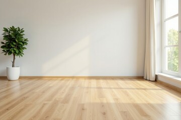 Sunlit Empty Room with Light Hardwood Floor and Simple Plant in White Pot