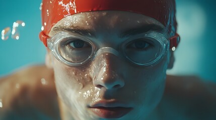 Young Swimmer Underwater Wearing Goggles and Cap